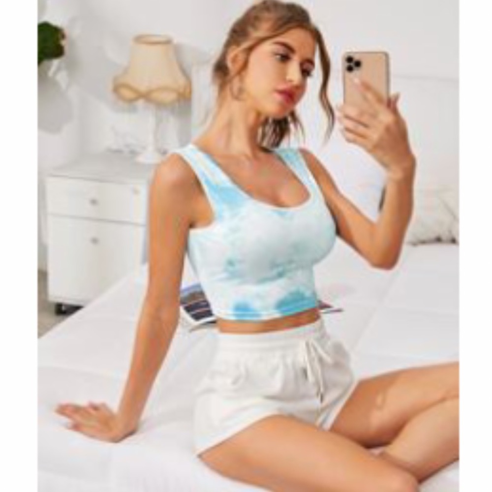 Baby Blue and White Stretchy Tie-Dye Crop Tank Top NWOT